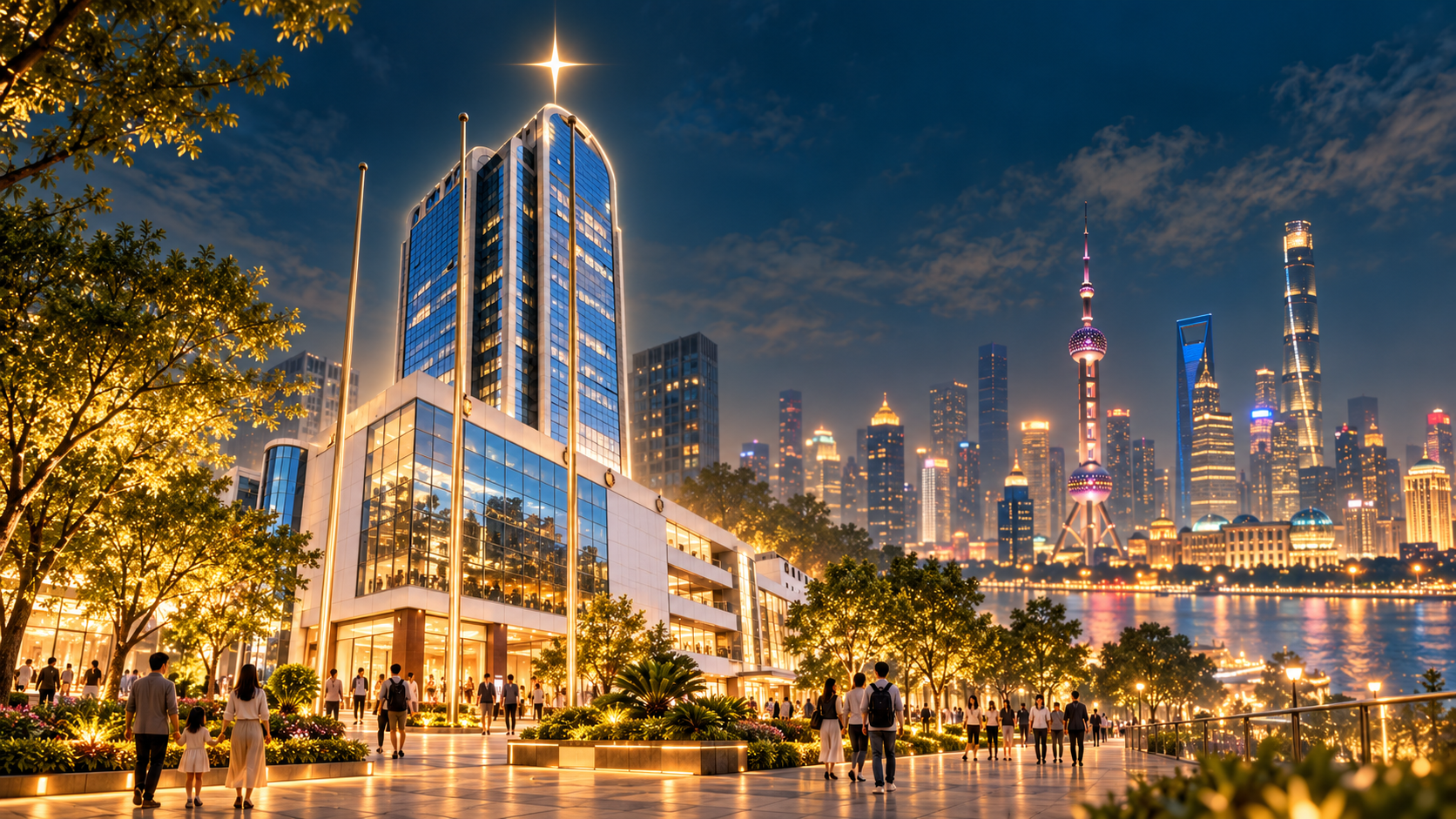 虹漕里楼宇与上海夜景的共建愿景插画,楼顶闪耀着一颗星