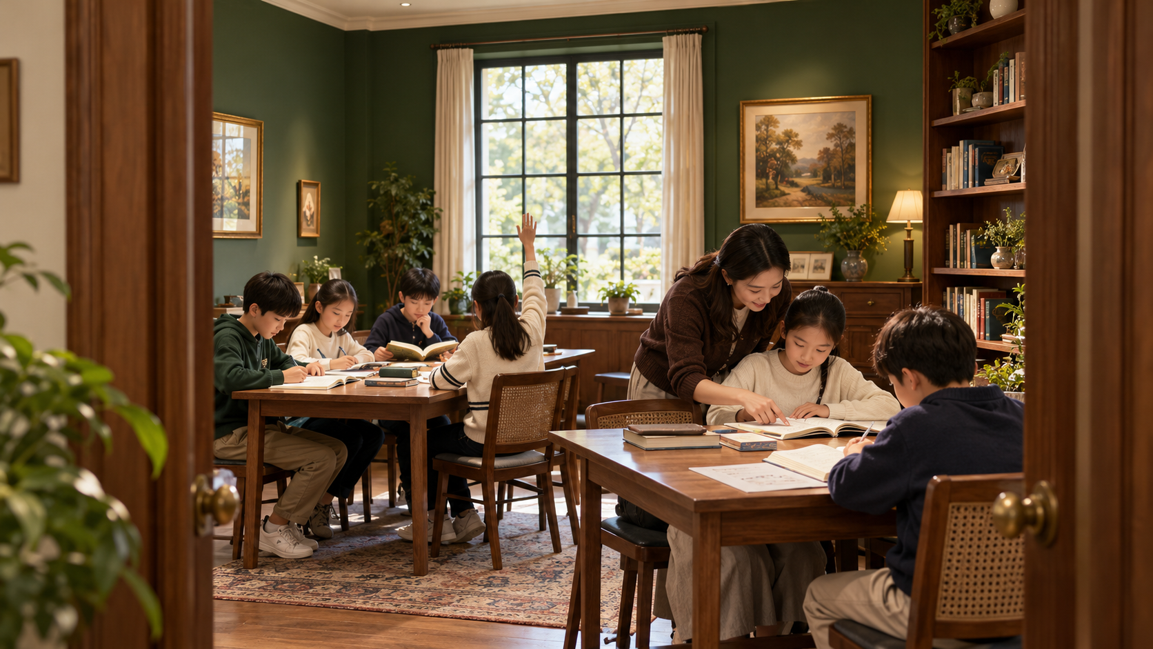 虹漕里意向小班课堂里,一位老师陪伴六名孩子专注阅读与学习